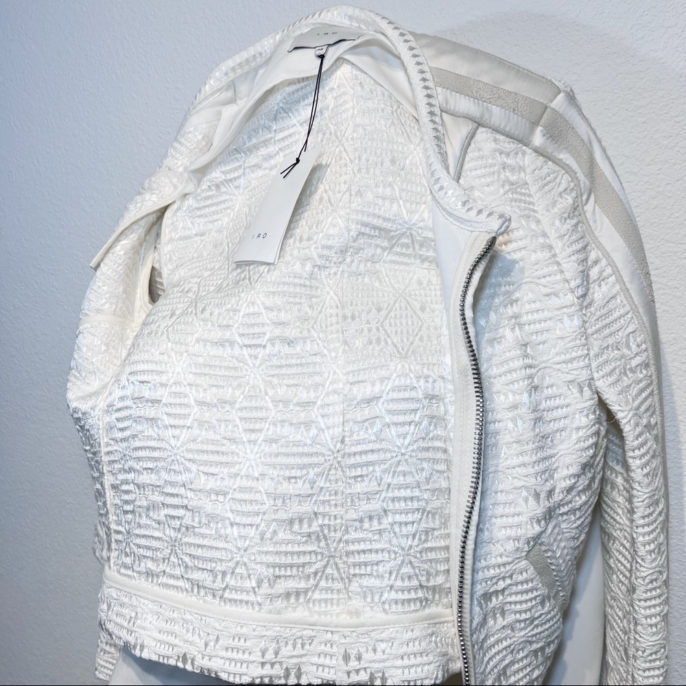 IRO • Kendall Jenner • Felicy Ivory Jacquard Silk Lamb Leather Trim Moto Jacket - Picture 10 of 16